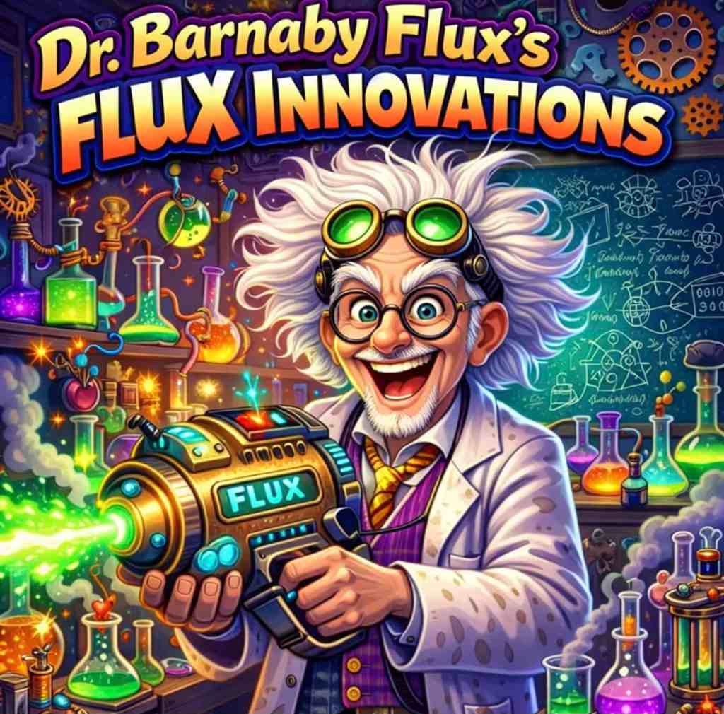 A whimsical cartoon image of a scientist with wild white hair and glasses, holding a futuristic gadget labeled 'FLUX'. The background features colorful potions and laboratory equipment, creating a playful, innovative atmosphere.